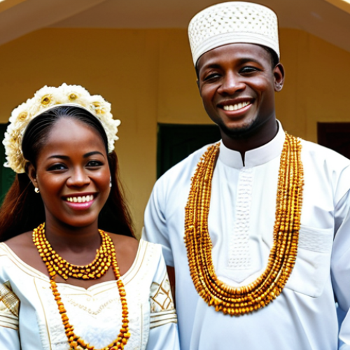Home 11 Grand-Mariage Celebration**
A Comorian couple celebrating their Grand-Mariage (Ada) in a beautifully decorated traditional setting. The bride is wearing an elaborate, modest, gold-embroidered traditional dress, fully clothed, with a dignified expression. The groom is dressed in modest traditional attire. The scene features vibrant colors and intricate patterns reflecting Comorian culture. Elements of local architecture and festive decor are visible in the background. The atmosphere is one of joyful celebration. Perfect anatomy, correct proportions, natural pose, well-formed hands, proper finger count, natural body proportions, professional photography, high quality, realistic, safe for work, appropriate content, fully clothed, modest, family-friendly.
**