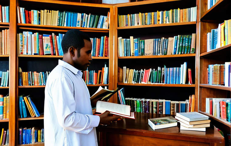 **

"A brightly lit library interior on the Comoros Islands. A librarian, fully clothed in modest, professional attire, is helping a young student (fully clothed) select a book. Shelves are filled with books, some in local languages.  Warm, inviting atmosphere.  Safe for work, appropriate content, perfect anatomy, natural pose, high quality photography, family-friendly, professional."

**