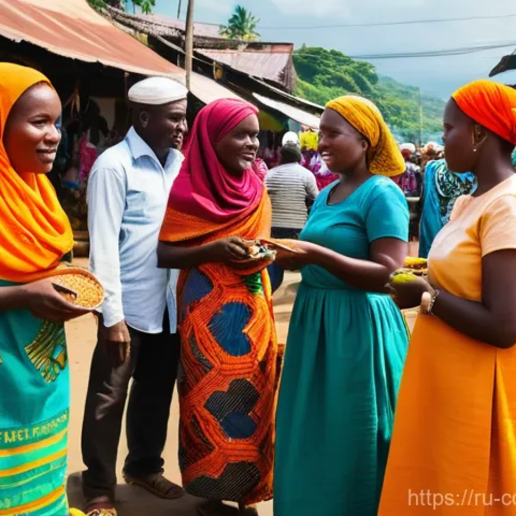코모로 인종과 민족성 분석 - **A vibrant Comorian market scene, bustling with people from diverse backgrounds. Women in colorful ...