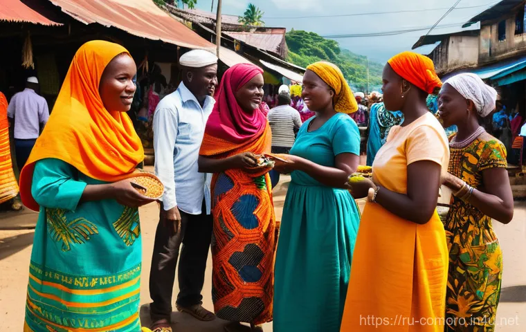 코모로 인종과 민족성 분석 - **A vibrant Comorian market scene, bustling with people from diverse backgrounds. Women in colorful ...