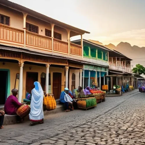 Home 21 코모로 전통과 현대의 조화 - **Prompt: Historic Moroni Street Scene at Golden Hour**
A detailed, realistic photograph depicti...