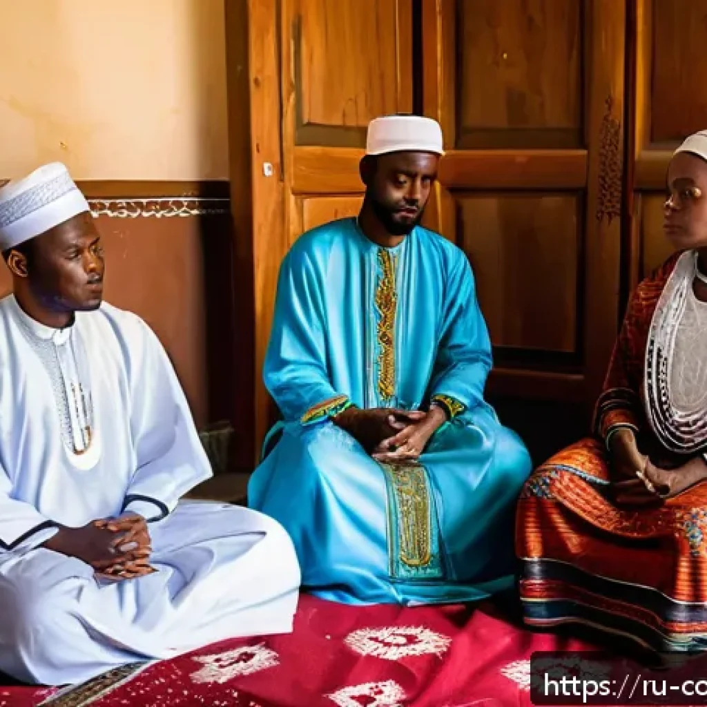 코모로 이슬람 전통과 현대화 - A vibrant scene of a Comorian family gathered in their traditional home for a daily prayer ritual, f...