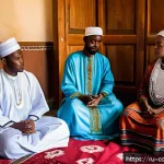 Home 19 코모로 이슬람 전통과 현대화 - A vibrant scene of a Comorian family gathered in their traditional home for a daily prayer ritual, f...