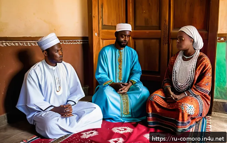코모로 이슬람 전통과 현대화 - A vibrant scene of a Comorian family gathered in their traditional home for a daily prayer ritual, f...