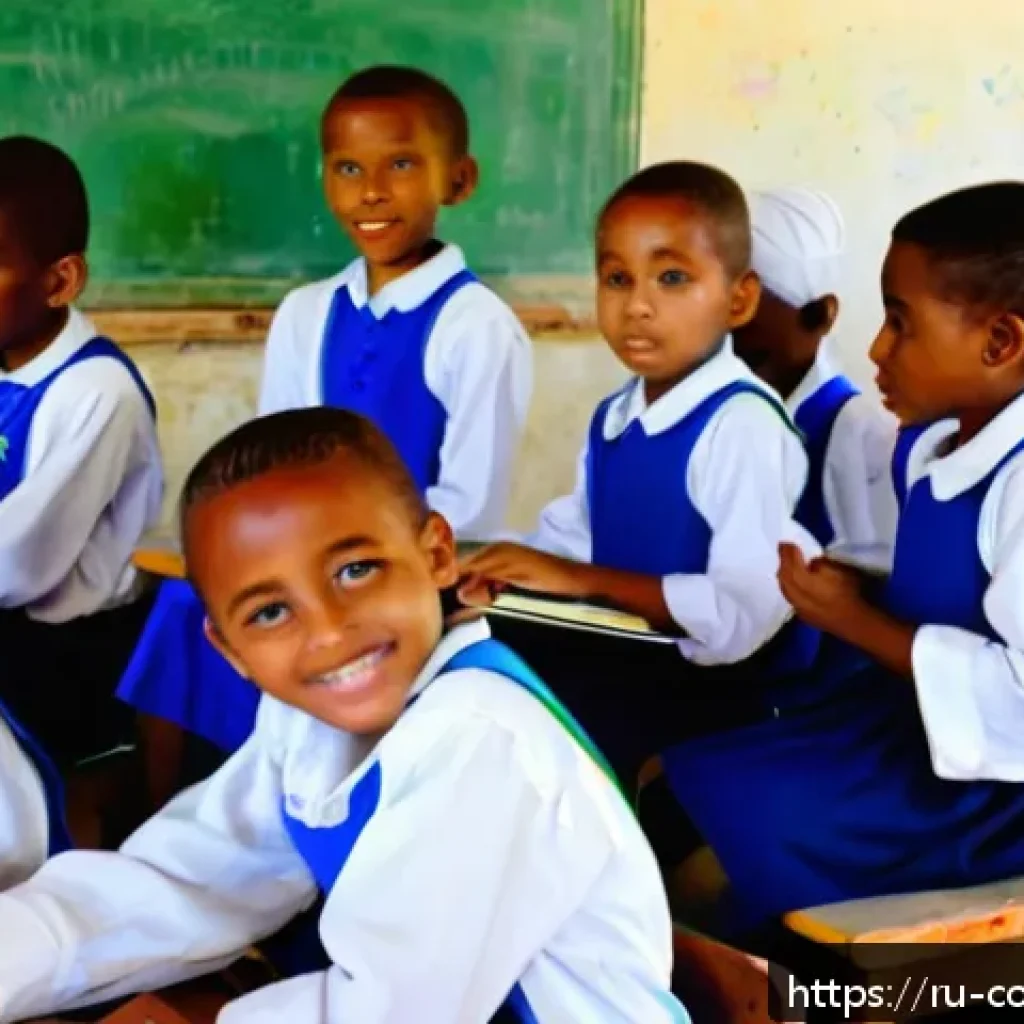 코모로 지역 NGO 활동 - A vibrant classroom scene in the Comoros Islands showing a diverse group of children from underprivi...