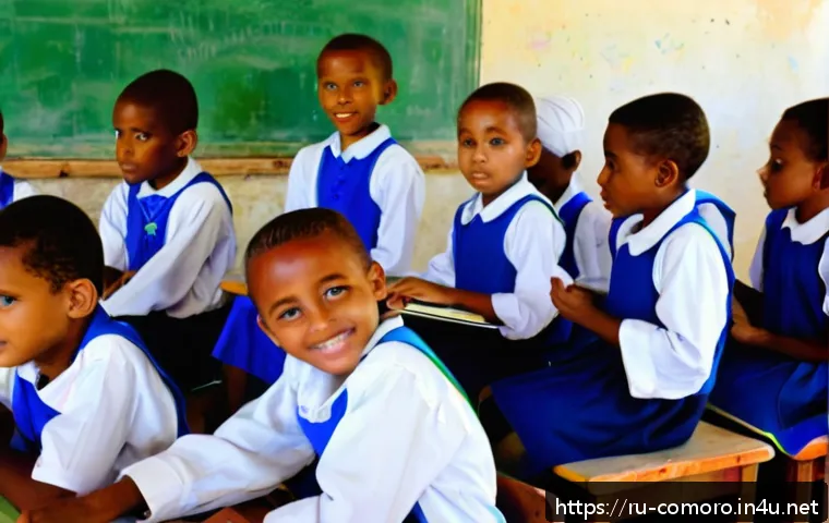코모로 지역 NGO 활동 - A vibrant classroom scene in the Comoros Islands showing a diverse group of children from underprivi...