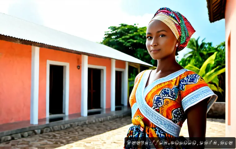 Home 17 코모로 전통 의상 해설 - Photorealistic full-length portrait of a Comorian woman wearing a graceful traditional colorful salo...