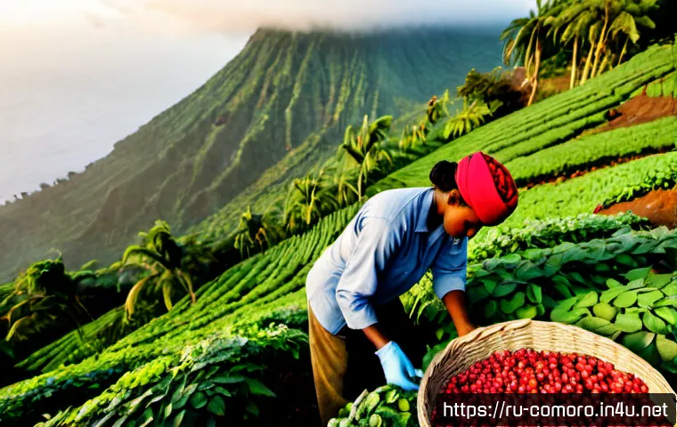 코모로 커피와 카카오 산업 - Photorealistic sunrise view of a small Comorian coffee farm on a lush volcanic hillside, a local far...