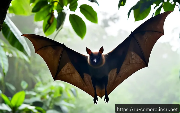 코모로 동물 보호 구역 - Photorealistic wildlife sanctuary on Grande Comore, a Livingstone’s fruit bat resting in a tall trop...