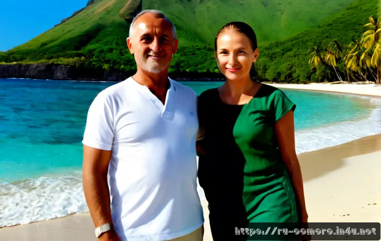 Home 17 코모로 기후와 여행 적기 - Photorealistic travel scene in Comoros during the ideal dry season, a Russian middle-aged couple in ...