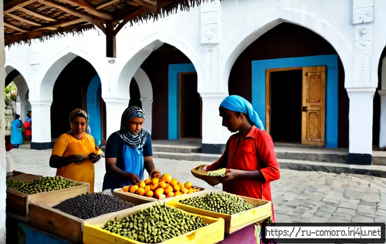 Home 17 코모로 아랍 문화 영향 - Photorealistic coastal market scene in the Comoros, modestly dressed local vendors in colorful patte...